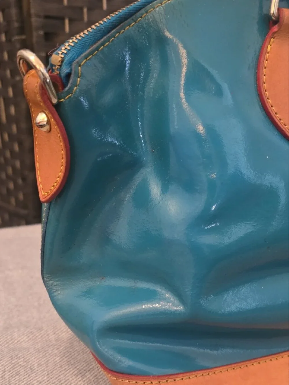Dooney & Bourke Teal Patent Leather Zip Zip Domed Satchel Bag, Needs Cleaning